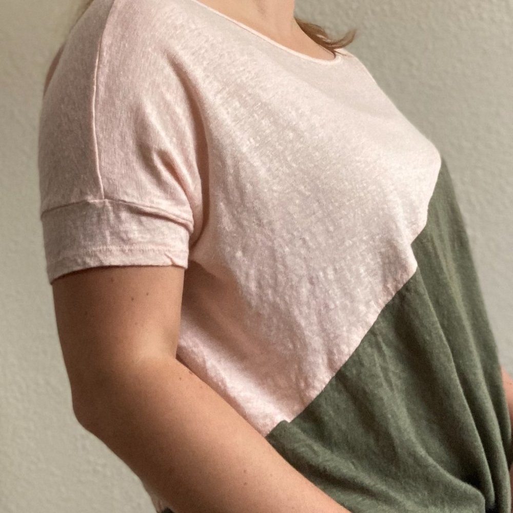 Bordeaux by Anthropology 100% Linen Olive Green & Blush Pink Two Toned Shirt - Picture 2 of 11